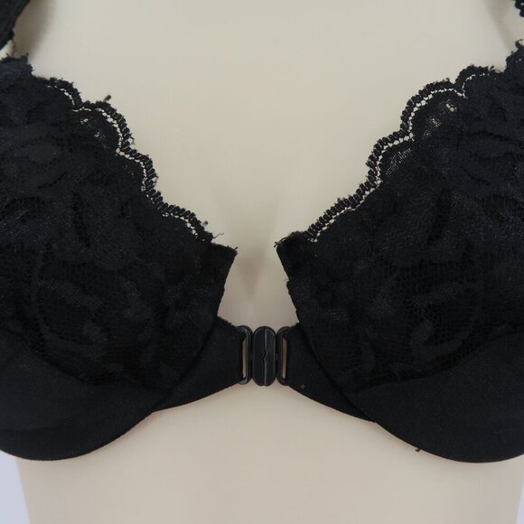 Vintage Bill Blass 34C Bra Front Closure Solid Black Lace Trim Lined Underwire - Picture 3 of 12